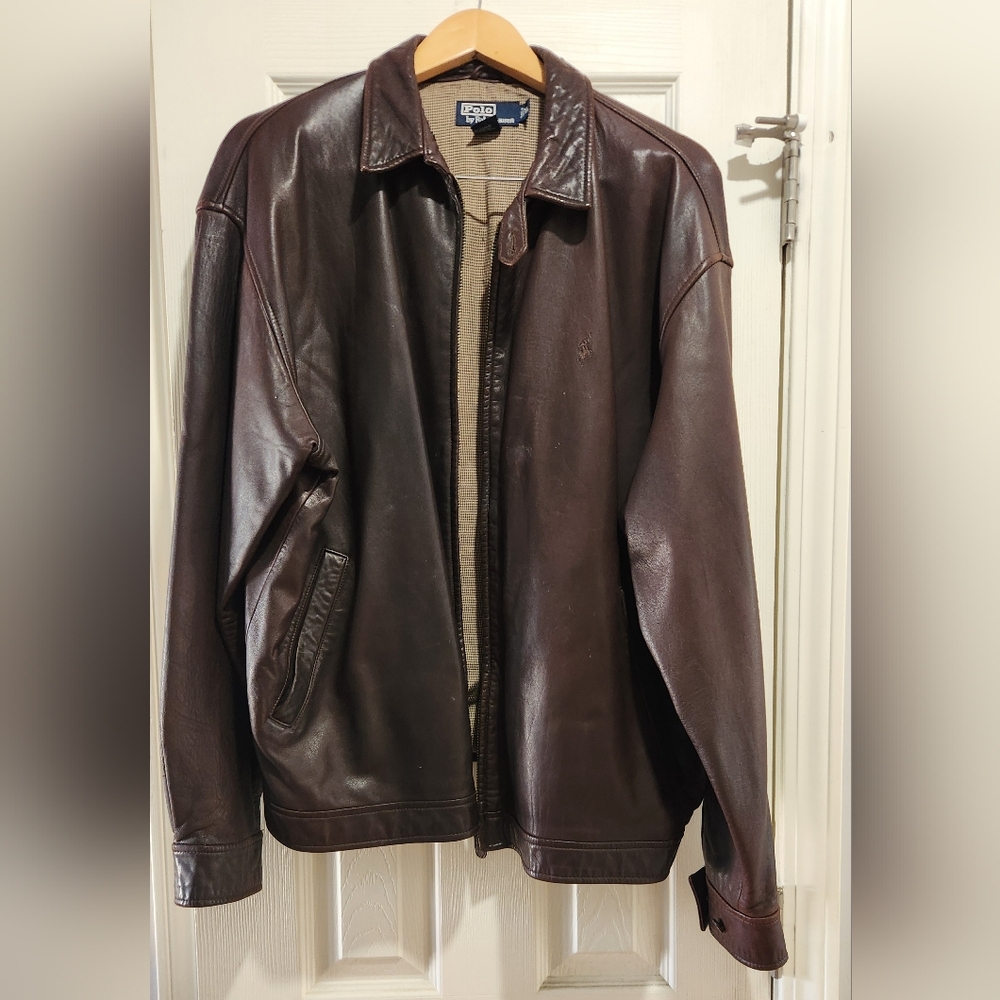 Men's, XL, Ralph Lauren, Polo, Brown Leather jacket, zips up, button sleeves